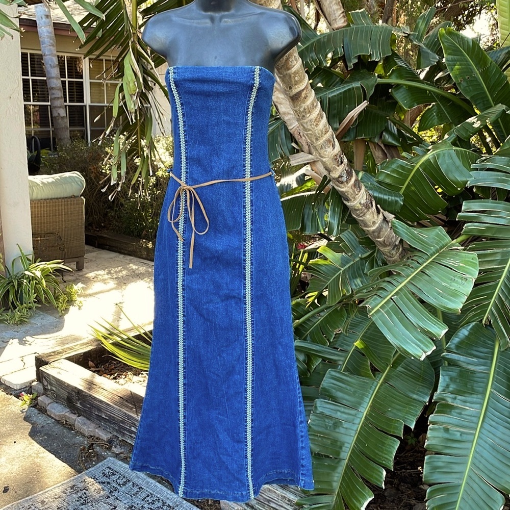 Vintage San Julian strapless denim dress with crochet accent